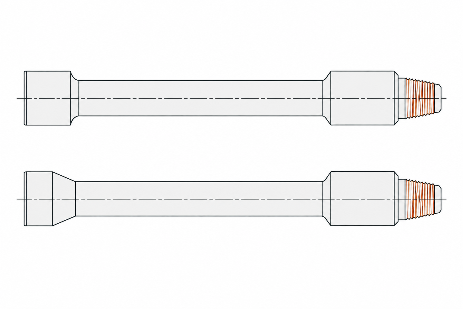 Two horizontal 2D lifting-sub drawings with long narrow bodies, square or tapered lifting shoulders and orange threaded pins